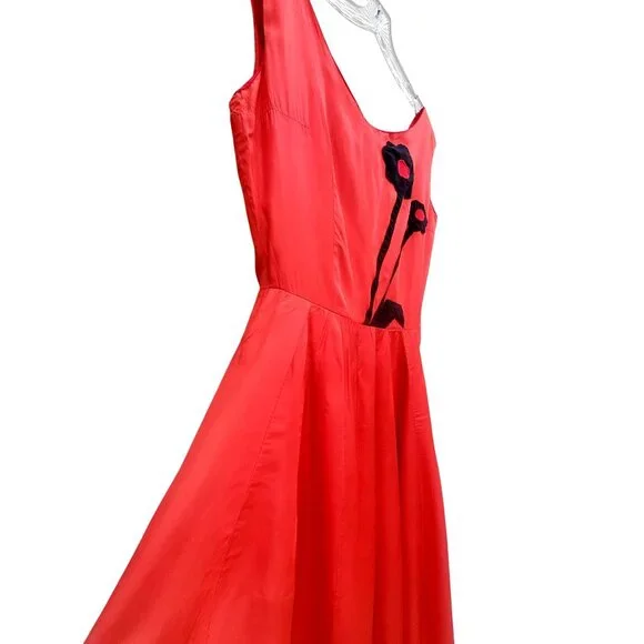 Vintage 30s Style Red Orange Acetate Maxi Size S Black Appliqué Gown Prom Dress - Picture 12 of 14